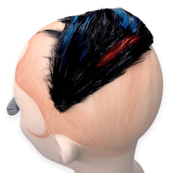 Vintage West Germany Black Blue Red Feather Juliette Headband Hat Pin Up